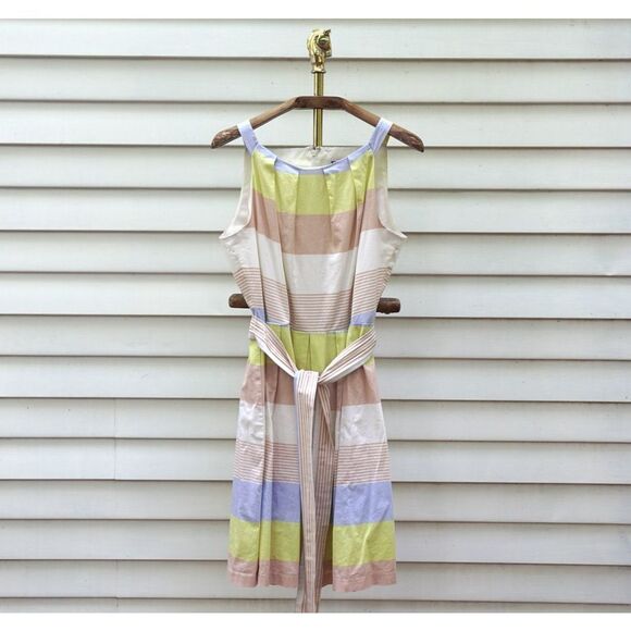 Vintage 90s R&K Originals Neutral Stripe Tie Waist Midi Dress - Picture 1 of 7